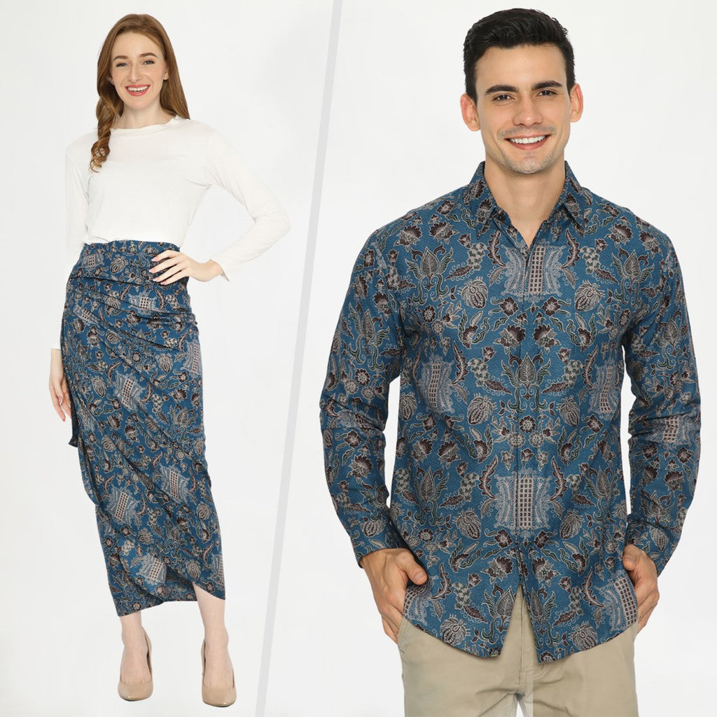 Modern Batik Couple Set - Slim Fit Shirt & Wrap Skirt - Premium Blue