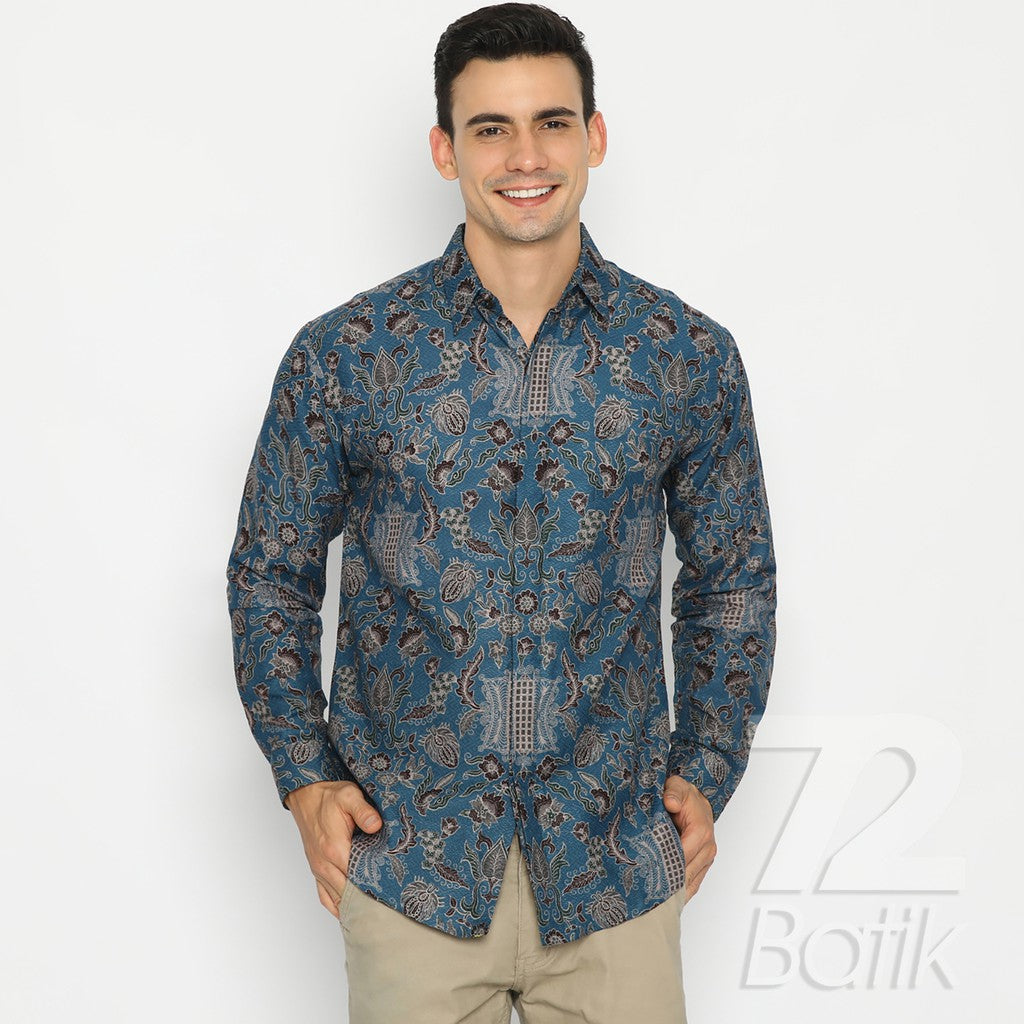 Modern Batik Couple Set - Slim Fit Shirt & Wrap Skirt - Premium Blue