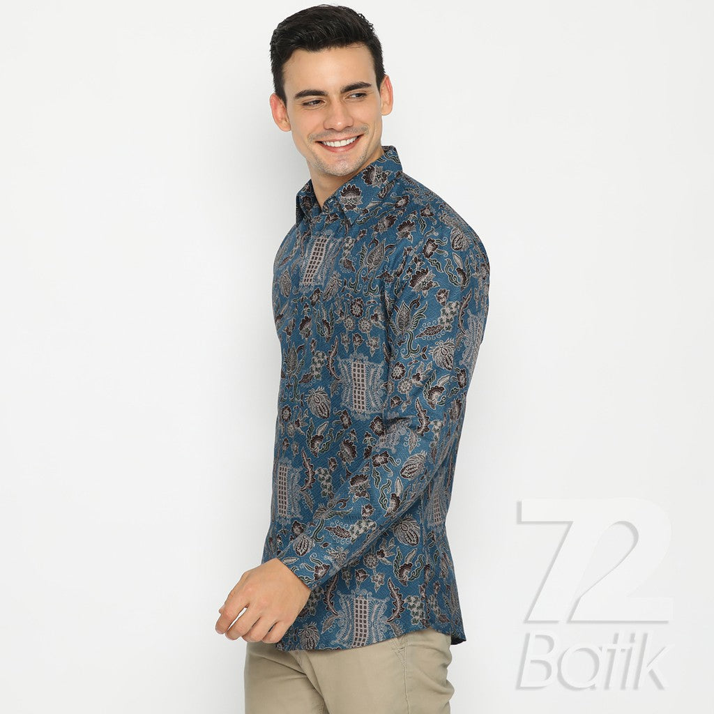 Modern Batik Couple Set - Slim Fit Shirt & Wrap Skirt - Premium Blue