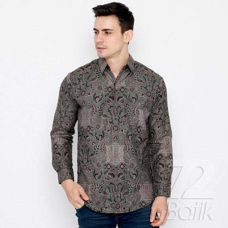 Men's Batik Shirt Long Sleeve Slimfit Premium Aceh Door Pattern [Made to Order] - 72 Batik
