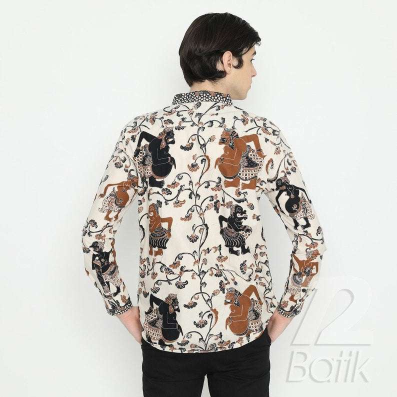 Indonesian Men Batik Slimfit Elegant Bone White Puppet Motif [Made to Order] - 72 Batik