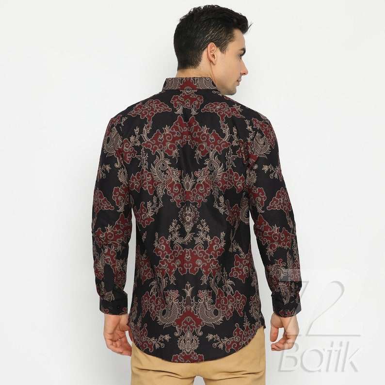 Batik Shirt Men Long Sleeve Slimfit Elegant Motif Black Red [Made to Order] - 72 Batik