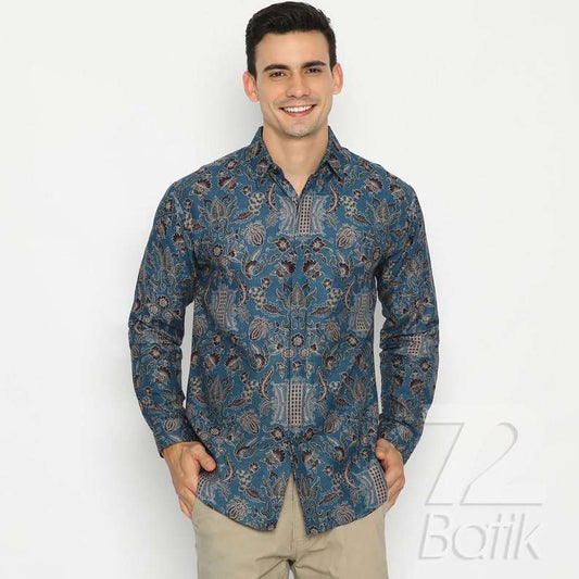 Indonesian Men Batik LONG-Sleeved Dobby Slimfit Shirt Aceh Premium Door, Pattern Blue White Colors [Made to Order] - 72 Batik