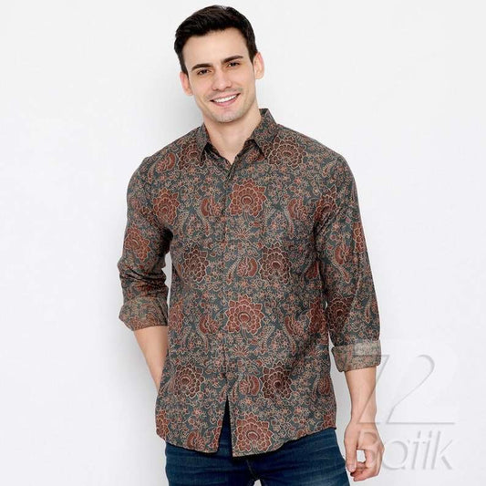 Men's Batik shirt Dobby Long Sleeve Slimfit Premium Color Gray Gray Brown [Made to Order] - 72 Batik