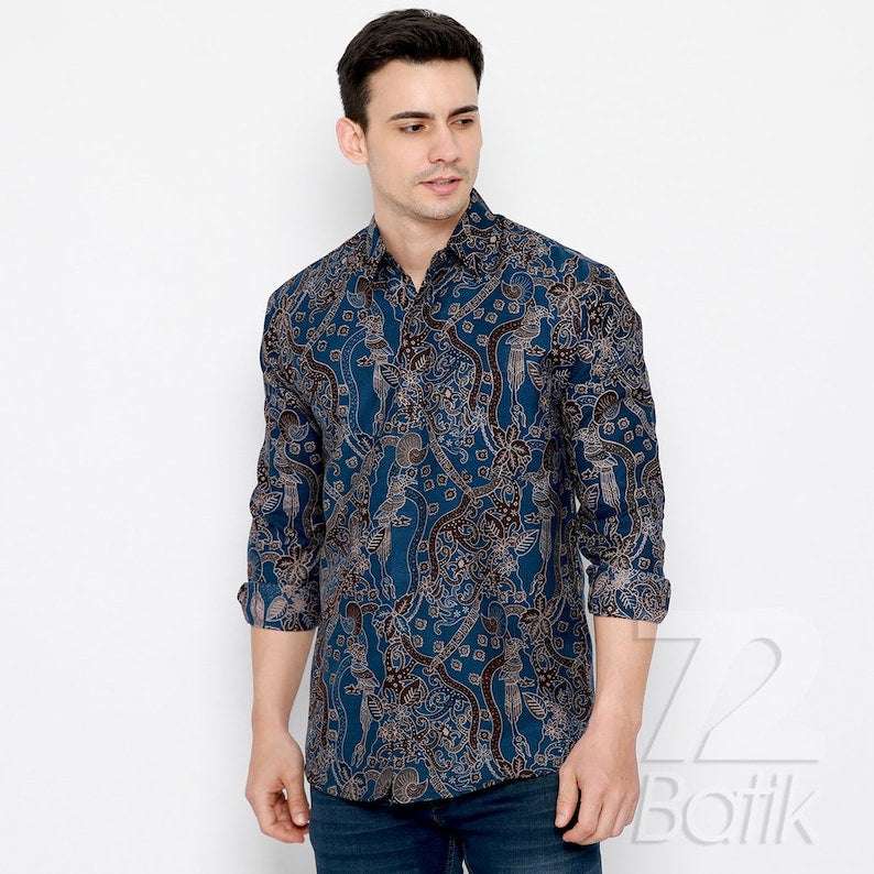 Indonesian Men Batik Shirt Dobby Long Sleeve Slimfit Peksi Adiwilaga Pattern Blue Black, Java batik, etnic wear [Made to Order]  - 72 Batik