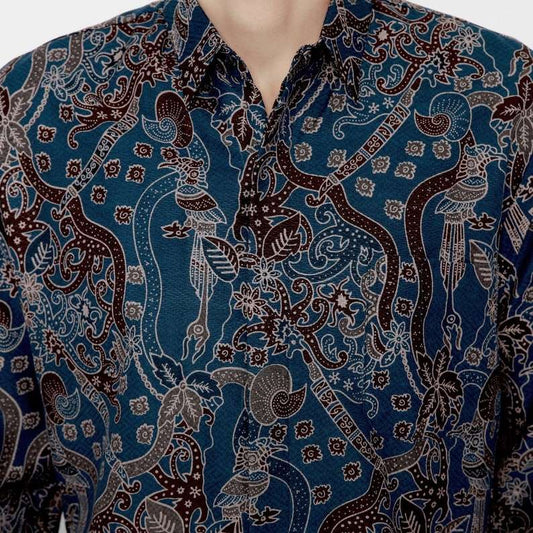 Indonesian Men Batik Shirt Dobby Long Sleeve Slimfit Peksi Adiwilaga Pattern Blue Black, Java batik, etnic wear [Made to Order]  - 72 Batik
