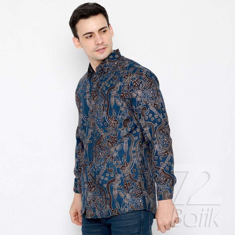 Indonesian Men Batik Shirt Dobby Long Sleeve Slimfit Peksi Adiwilaga Pattern Blue Black, Java batik, etnic wear [Made to Order]  - 72 Batik