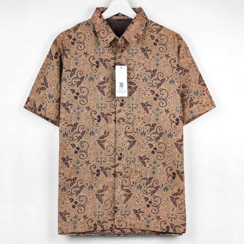 Indonesian Men Batik Short Sleeve Cotton Mega Mendung Brown Cream [Made to Order] - 72 Batik