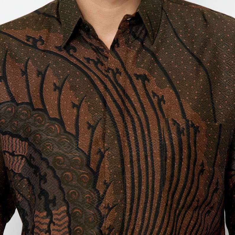 Batik Shirt Mens Long Sleeve, Dobby Slimfit Shirt with Tentaken Pattern Green Nature Brown [Made to Order] - 72 Batik