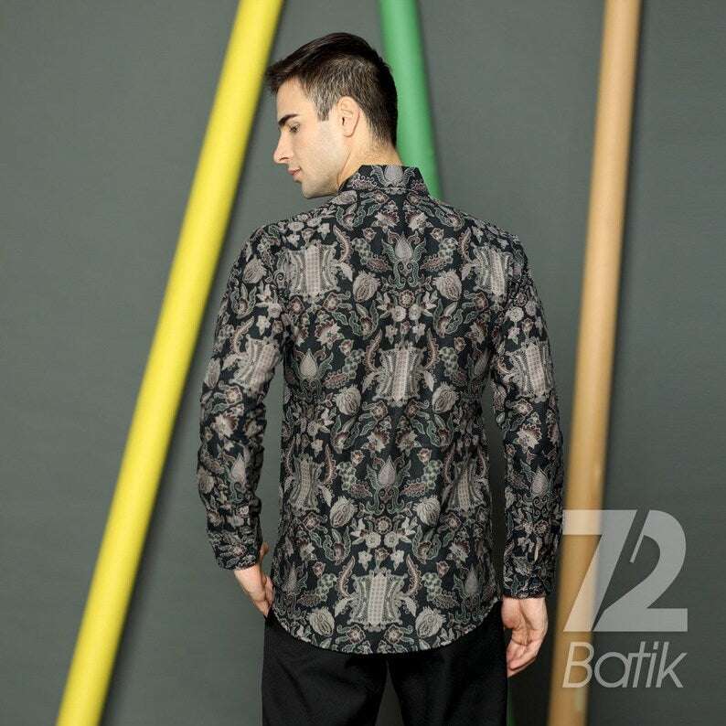 Men's Batik Shirt Long Sleeve The Dobby Slimfit Premium Batik Shirt, Aceh Door Pattern, Black [Made to Order] - 72 Batik