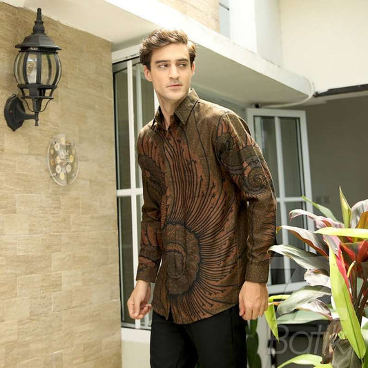 Batik Shirt Mens Long Sleeve, Dobby Slimfit Shirt with Tentaken Pattern Green Nature Brown [Made to Order] - 72 Batik