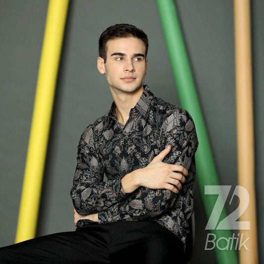 Men's Batik Shirt Long Sleeve The Dobby Slimfit Premium Batik Shirt, Aceh Door Pattern, Black [Made to Order] - 72 Batik