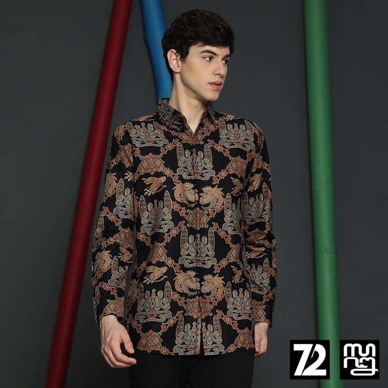 Batik Shirt Men : Long Sleeve Premium Asmat Bird Motif Black [Made to Order] - 72 Batik