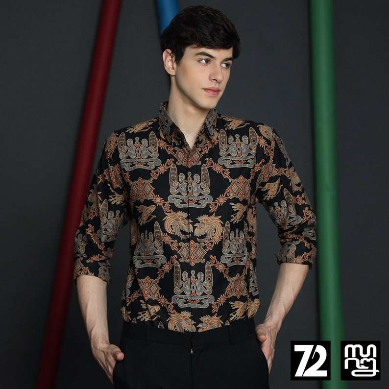 Batik Shirt Men : Long Sleeve Premium Asmat Bird Motif Black [Made to Order] - 72 Batik