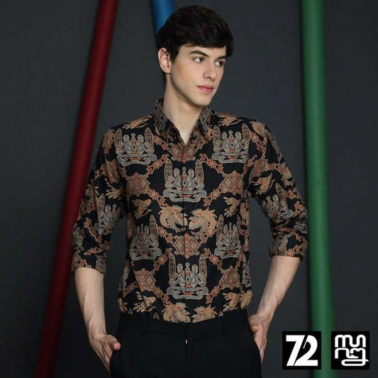 Batik Shirt Men : Long Sleeve Premium Asmat Bird Motif Black [Made to Order] - 72 Batik