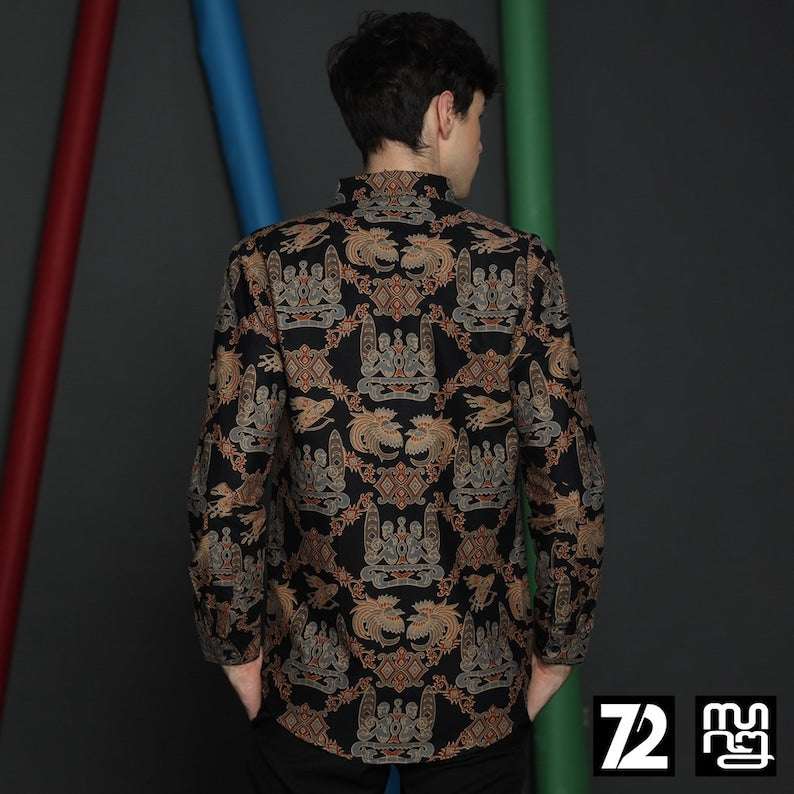Batik Shirt Men : Long Sleeve Premium Asmat Bird Motif Black [Made to Order] - 72 Batik