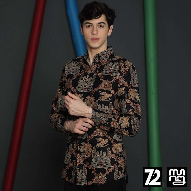 Batik Shirt Men : Long Sleeve Premium Asmat Bird Motif Black [Made to Order] - 72 Batik