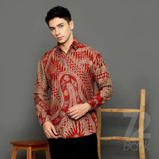 Parang Kupu Red Premium Slimfit Long Sleeve Men's Batik Shirt [Made to Order]
