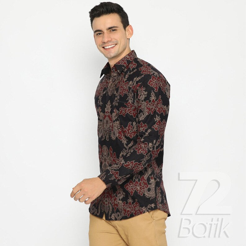 Batik Shirt Men Long Sleeve Slimfit Elegant Motif Black Red [Made to Order] - 72 Batik