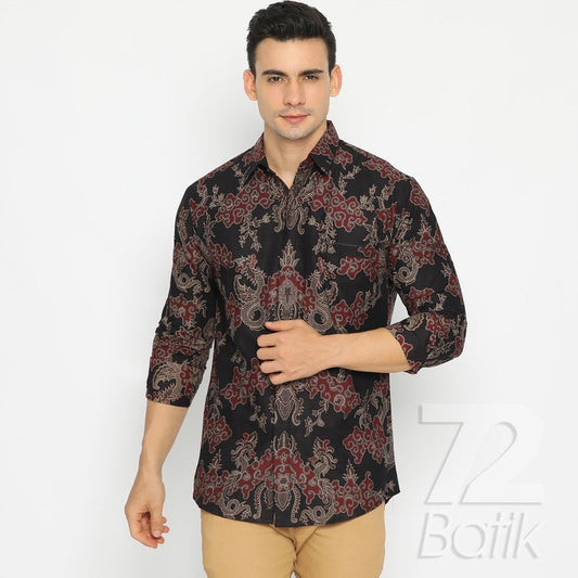 Batik Shirt Men Long Sleeve Slimfit Elegant Motif Black Red [Made to Order] - 72 Batik