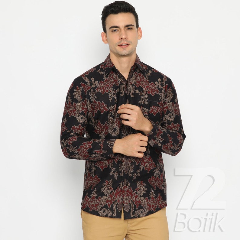 Batik Shirt Men Long Sleeve Slimfit Elegant Motif Black Red [Made to Order] - 72 Batik