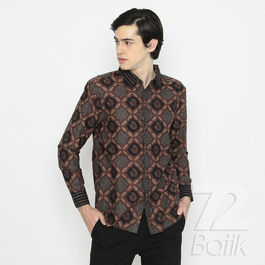 Batik Shirt Men Long Sleeve Slimfit Elegant Color Black Brown [Made to Order] - 72 Batik