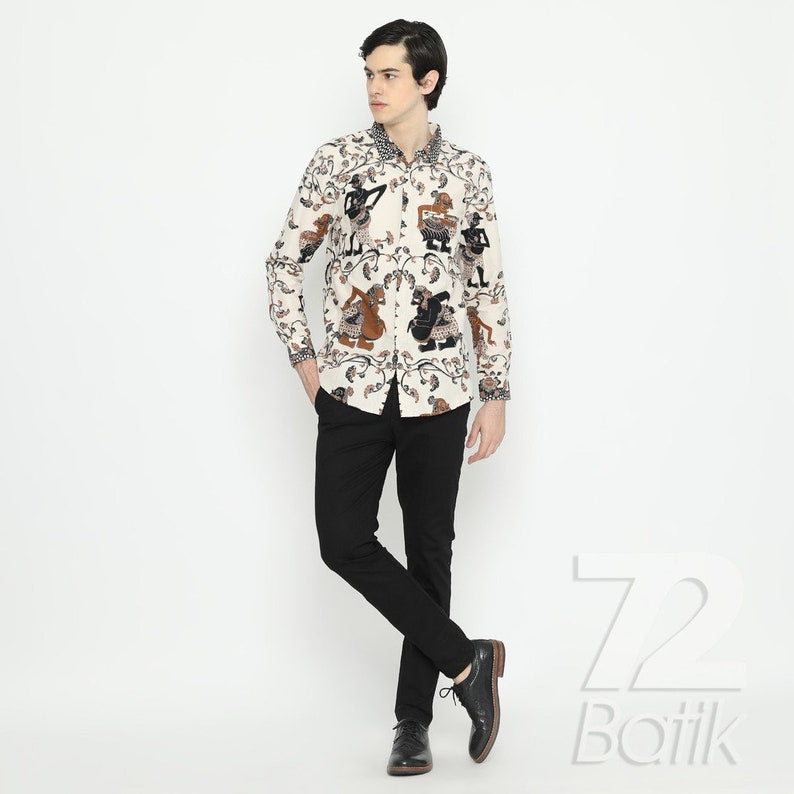 Indonesian Men Batik Slimfit Elegant Bone White Puppet Motif [Made to Order] - 72 Batik