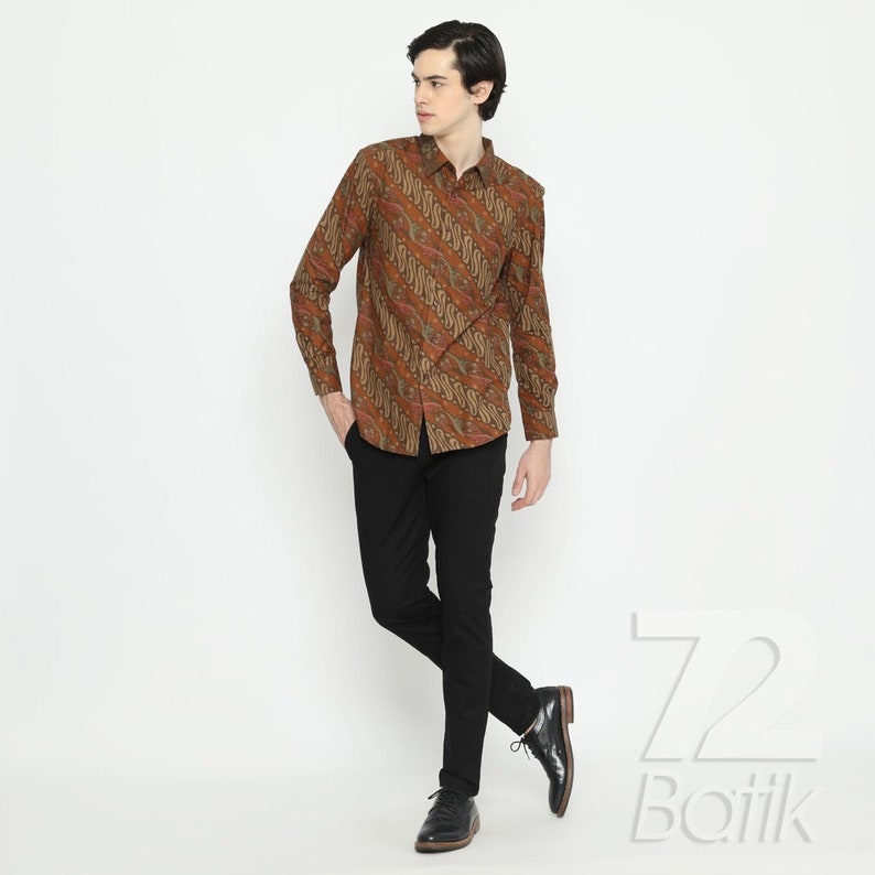 Indonesian Men Batik Shirts Instant Wraps Men's Batik Long Sleeve Slimfit Premium Orange Color [Made to Order] - 72 Batik