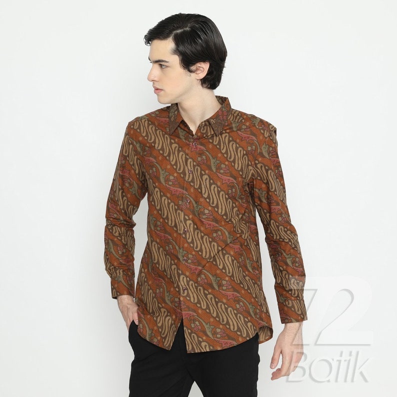 Indonesian Men Batik Shirts Instant Wraps Men's Batik Long Sleeve Slimfit Premium Orange Color [Made to Order] - 72 Batik