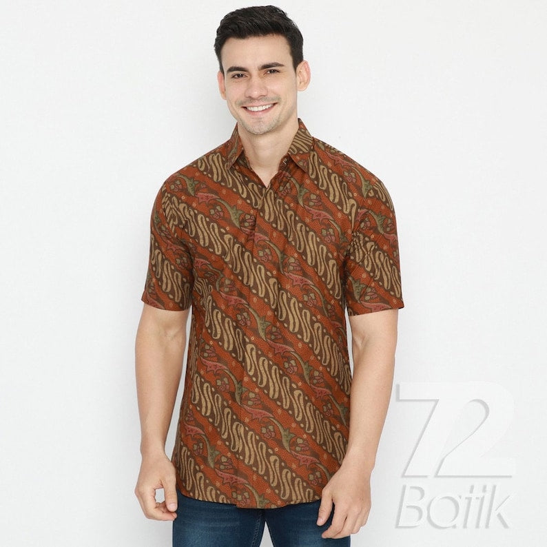 Indonesian Men Batik Shirts Instant Wraps Men's Batik Long Sleeve Slimfit Premium Orange Color [Made to Order] - 72 Batik