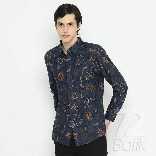 Indonesian Men Batik Shirt Long Sleeve Slimfit Premium Floral Print Dark Blue Dark Blue [Made to Order] - 72 Batik