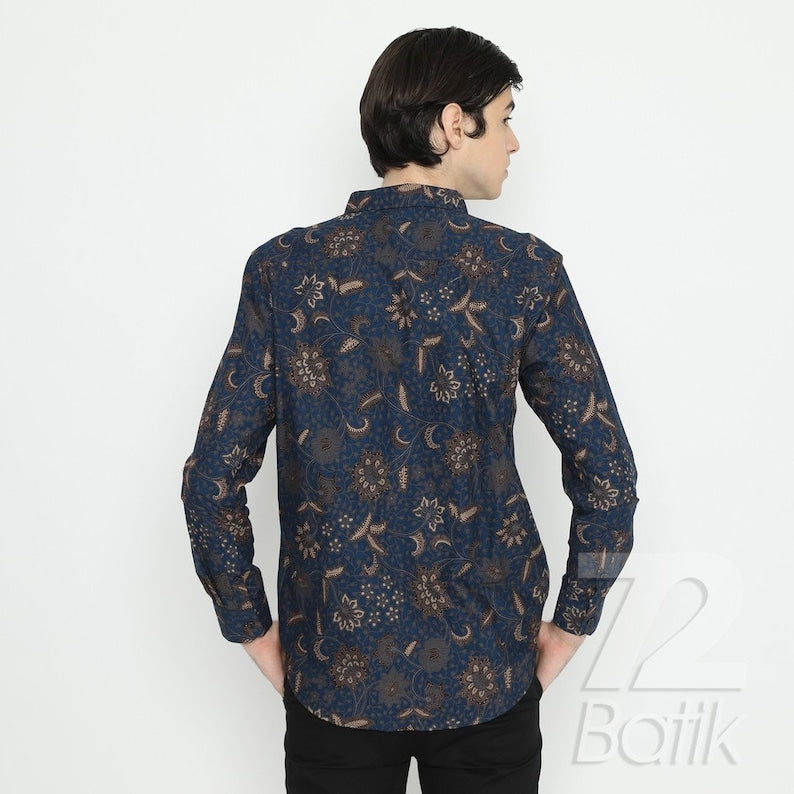 Indonesian Men Batik Shirt Long Sleeve Slimfit Premium Floral Print Dark Blue Dark Blue [Made to Order] - 72 Batik