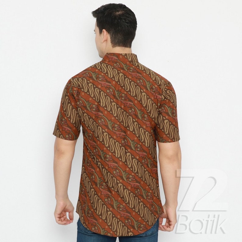 Indonesian Men Batik Shirts Instant Wraps Men's Batik Long Sleeve Slimfit Premium Orange Color [Made to Order] - 72 Batik
