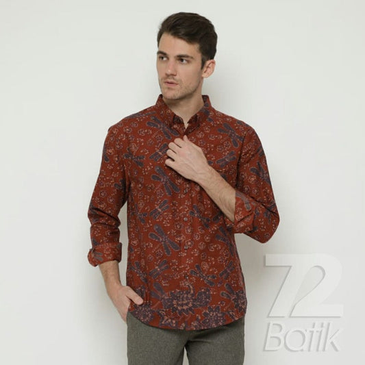 MEN'S BATIK LONG-Sleeved Premium Shirt with Dragonfly Motif Brick Red Color [Made to Order] - 72 Batik