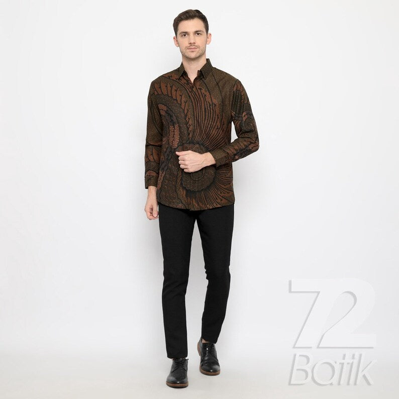 Batik Shirt Mens Long Sleeve, Dobby Slimfit Shirt with Tentaken Pattern Green Nature Brown [Made to Order] - 72 Batik