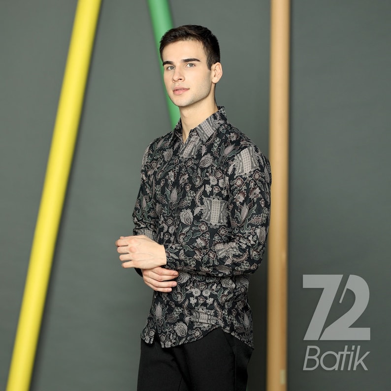 Men's Batik Shirt Long Sleeve The Dobby Slimfit Premium Batik Shirt, Aceh Door Pattern, Black [Made to Order] - 72 Batik