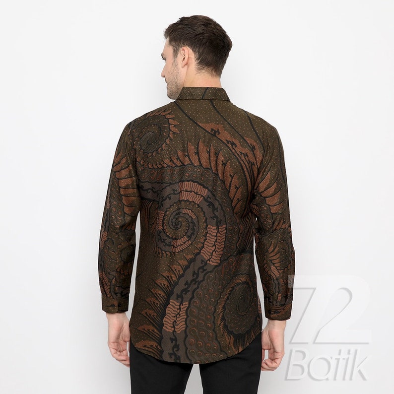 Batik Shirt Mens Long Sleeve, Dobby Slimfit Shirt with Tentaken Pattern Green Nature Brown [Made to Order] - 72 Batik