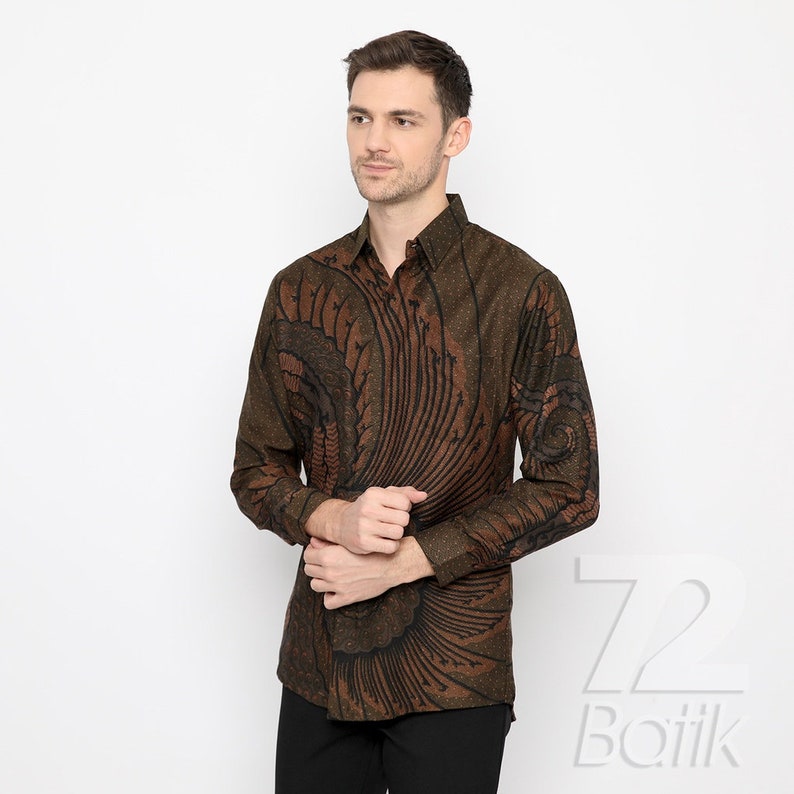 Batik Shirt Mens Long Sleeve, Dobby Slimfit Shirt with Tentaken Pattern Green Nature Brown [Made to Order] - 72 Batik