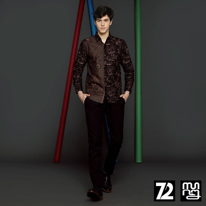 Mens Long Sleeve Batik T-Shirts Indonesia Style Authentic Batik Print with double Stitched