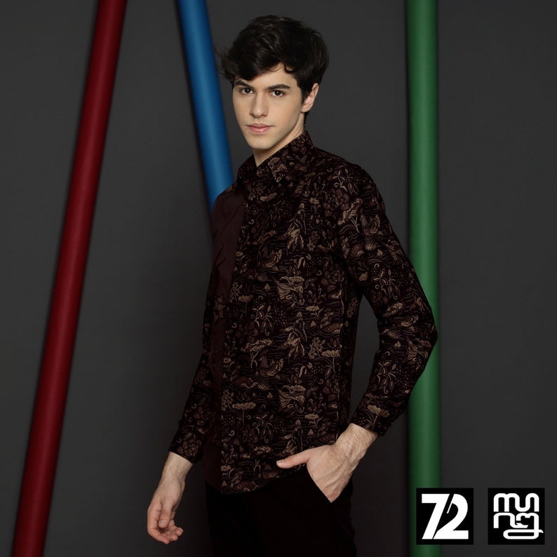 Mens Long Sleeve Batik T-Shirts Indonesia Style Authentic Batik Print with double Stitched
