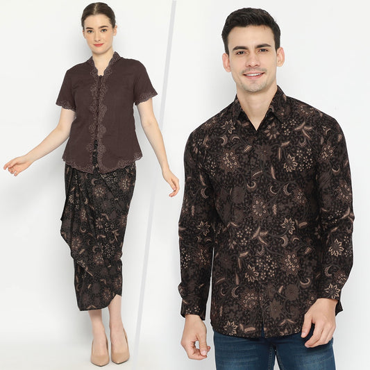 Premium Batik Couple Set – Men’s Slim Fit Shirt & Women’s Wrap Skirt – Handmade Floral (Kembang Setaman) Black Batik