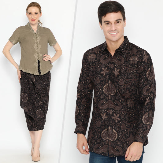 Slim Fit Batik Couple Set – Men’s Shirt & Women’s Skirt – Black & Brown Handmade