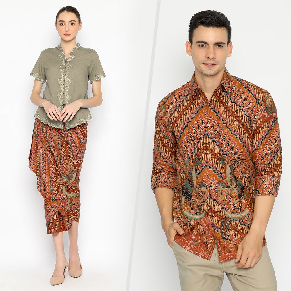 Premium Modern Batik Couple Set – Men's Long Sleeve Shirt & Instant Wrap Skirt – Parang Seling Kusumo