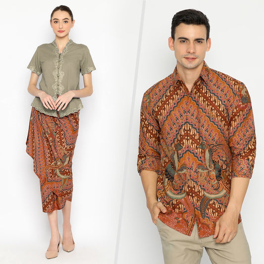 Premium Modern Batik Couple Set – Men's Long Sleeve Shirt & Instant Wrap Skirt – Parang Seling Kusumo