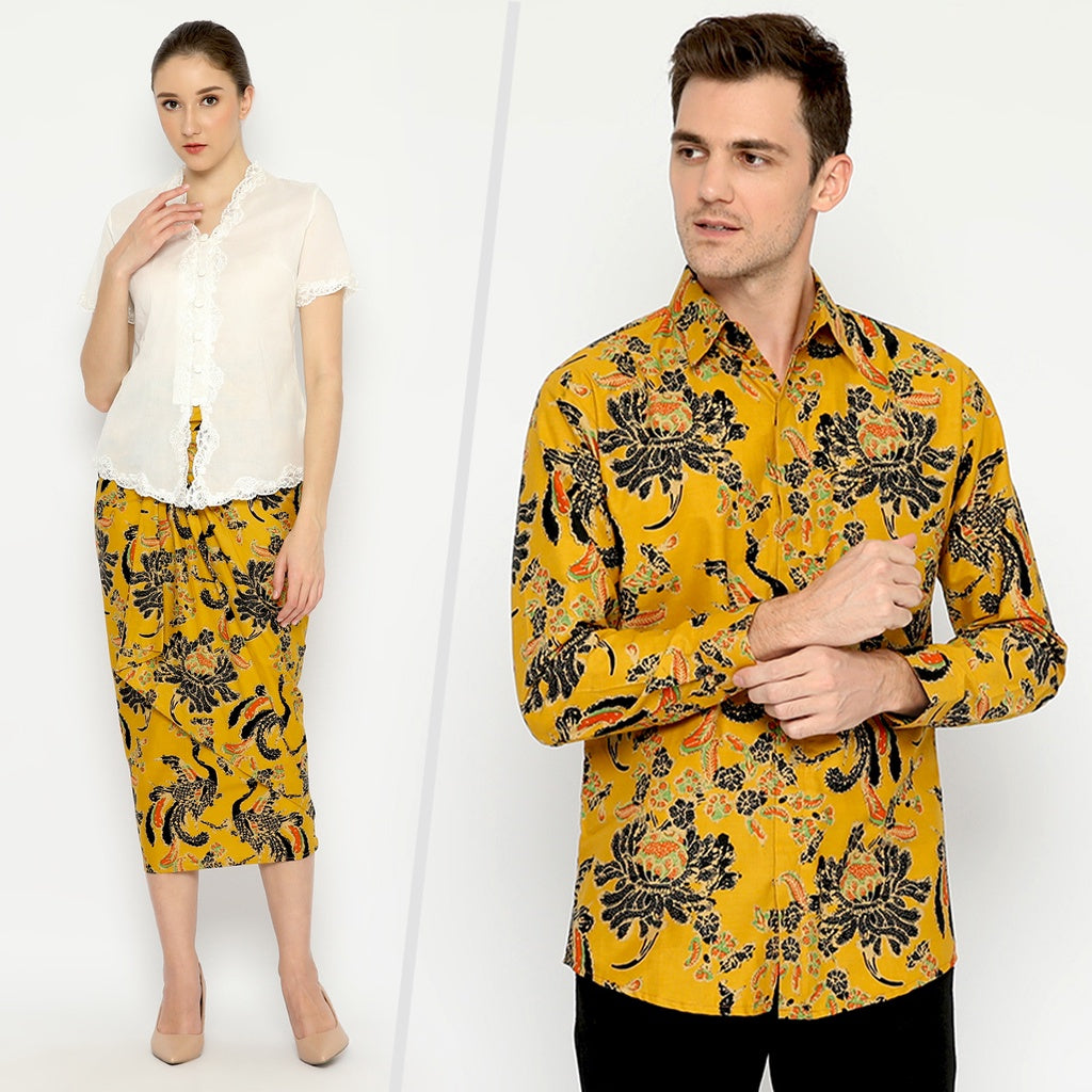 Premium Batik Couple Set – Men’s Slim Fit Shirt & Women’s Wrap Skirt – Classic Black & Yellow Handmade Batik