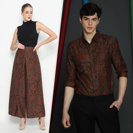 Batik Couple Set - Men's Shirt & Women's Aurora Skirt - Sage Green Bird Motif