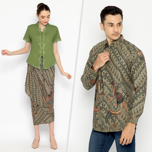 Modern Batik Couple Set - Premium Shirt & Skirt - Green Parang Motif