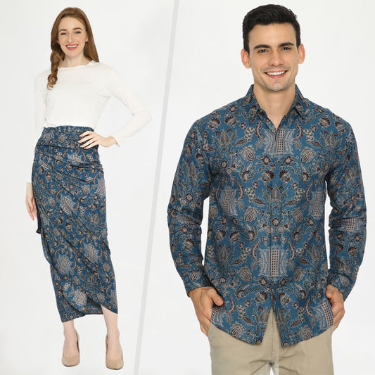 Modern Batik Couple Set - Slim Fit Shirt & Wrap Skirt - Premium Blue